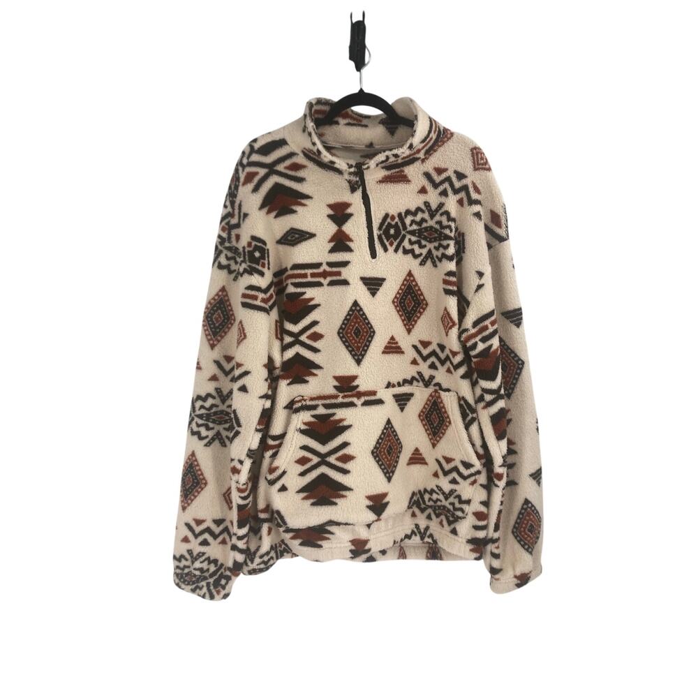 Aztec Fleece 1/4 Zip Cream Brown Black Western Pullover Men’s 2XL